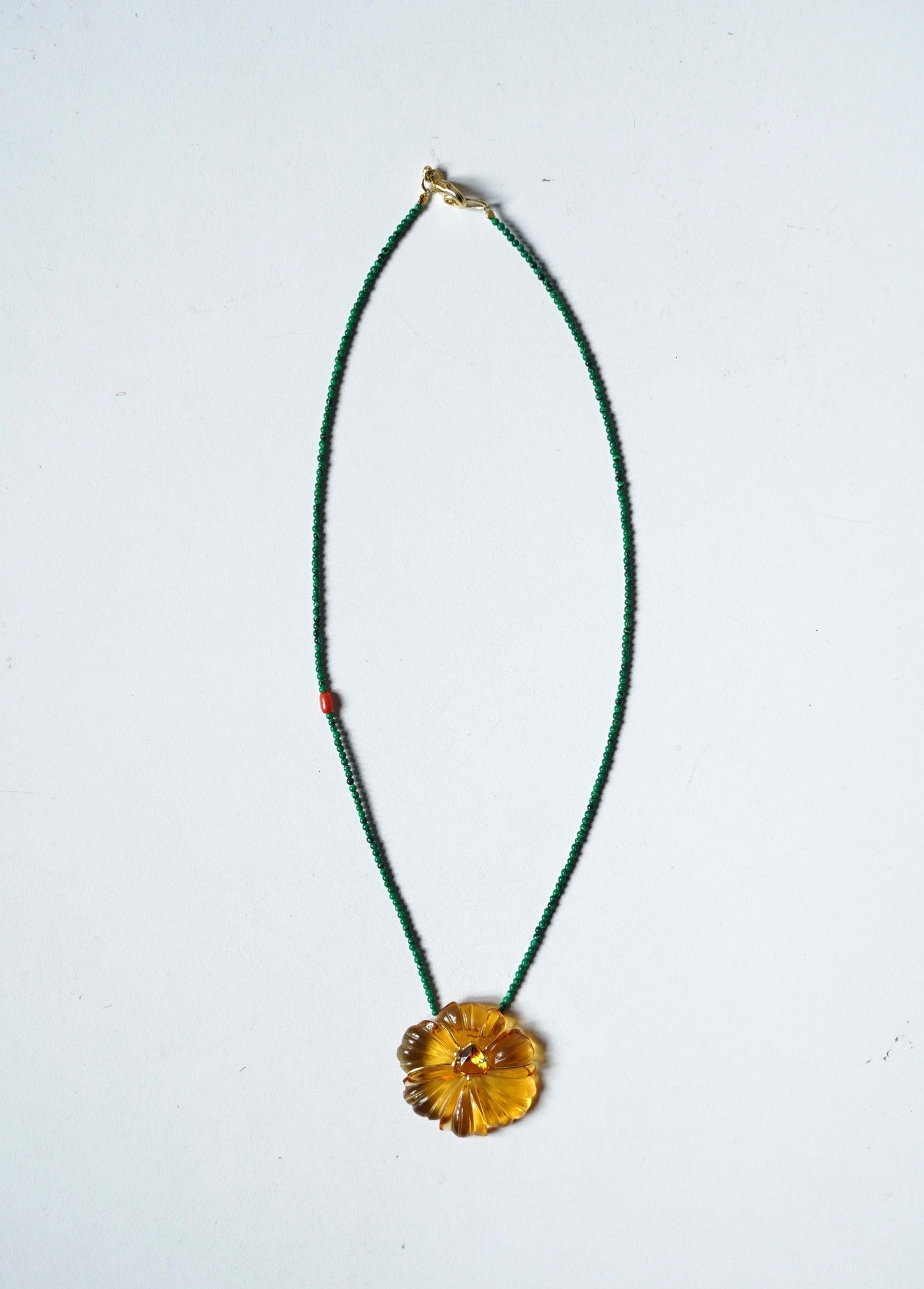 Hand-Carved Natural Stone Flower Pendant on Malachite Chain