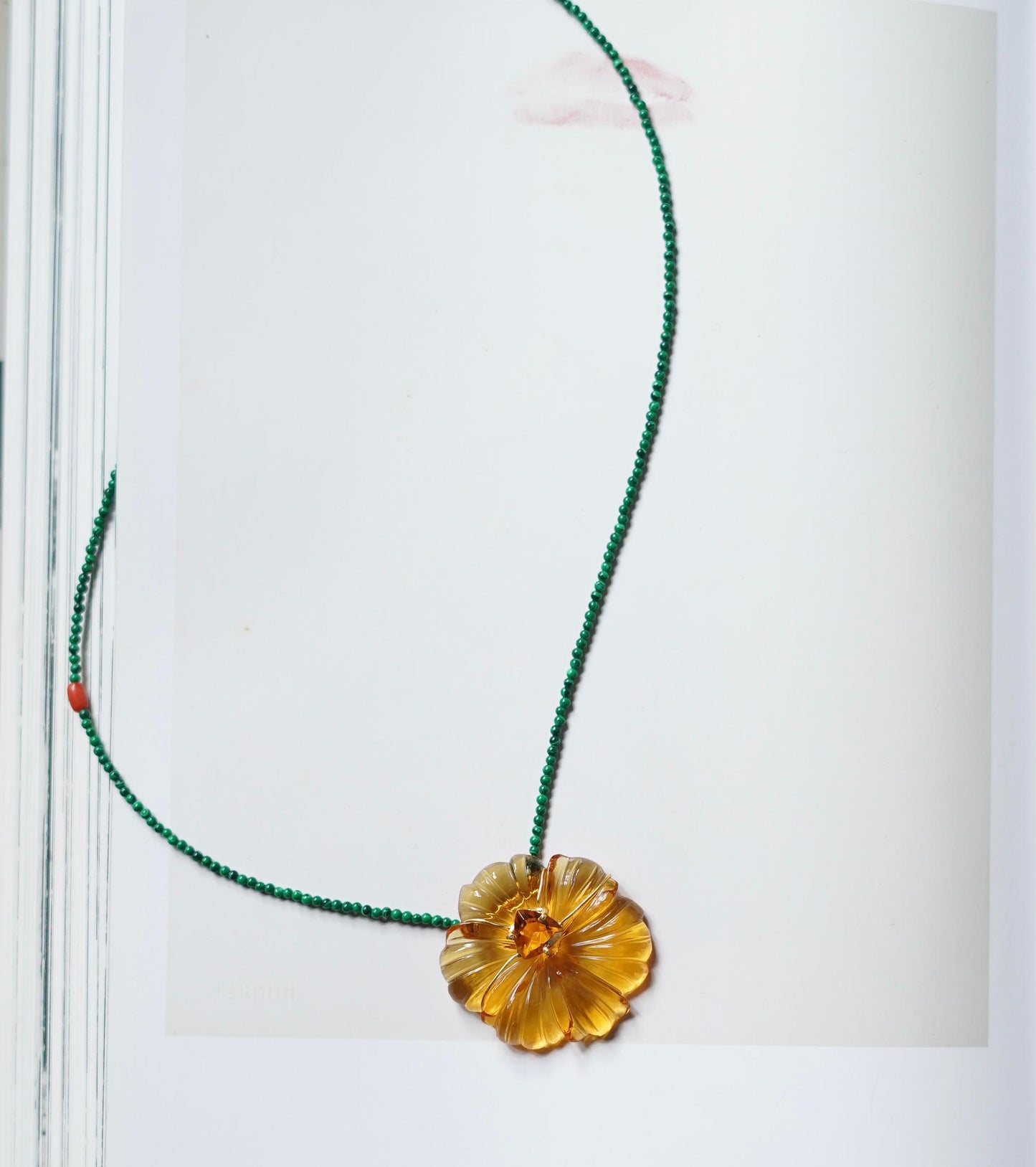 Hand-Carved Natural Stone Flower Pendant on Malachite Chain