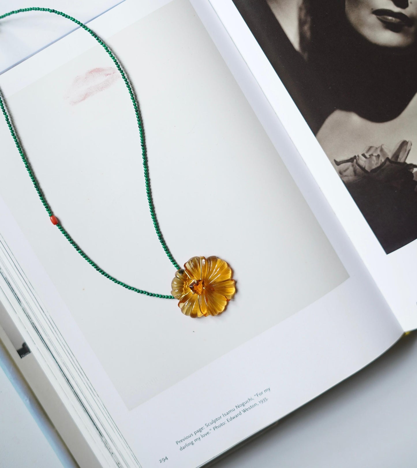 Hand-Carved Natural Stone Flower Pendant on Malachite Chain