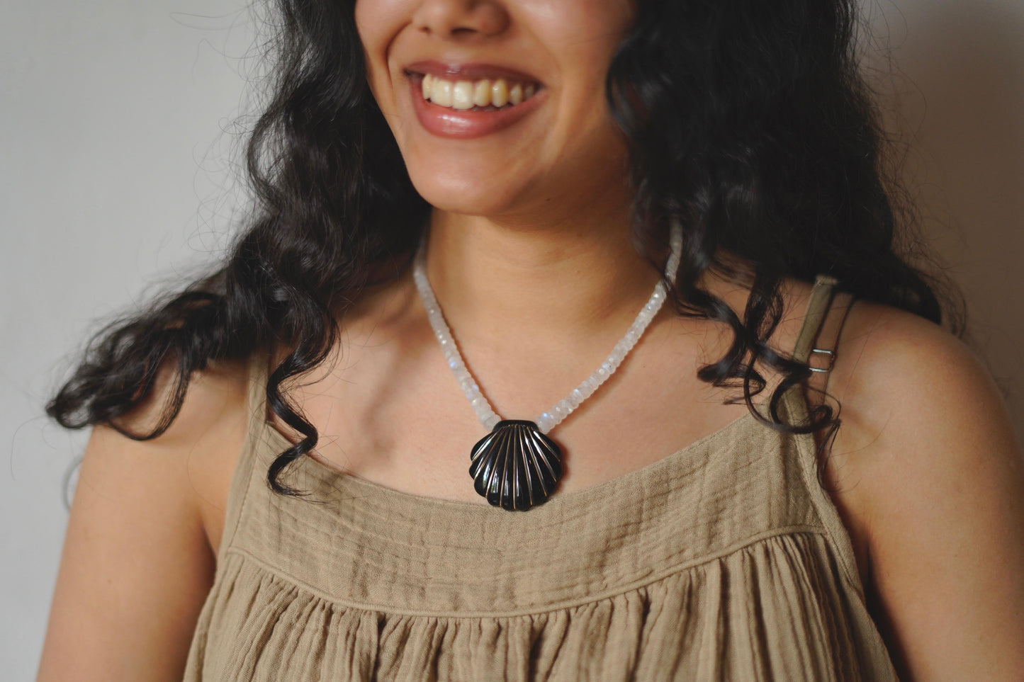 Black Onyx & Moonstone Shell Necklace