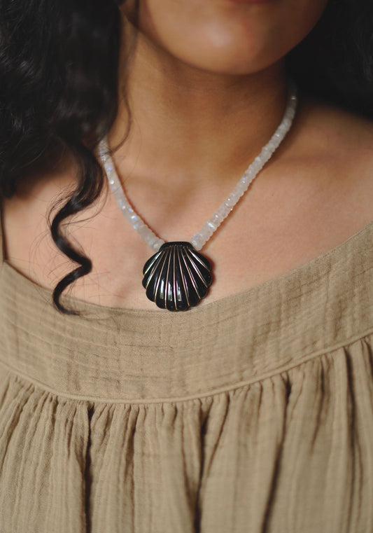 Black Onyx & Moonstone Shell Necklace