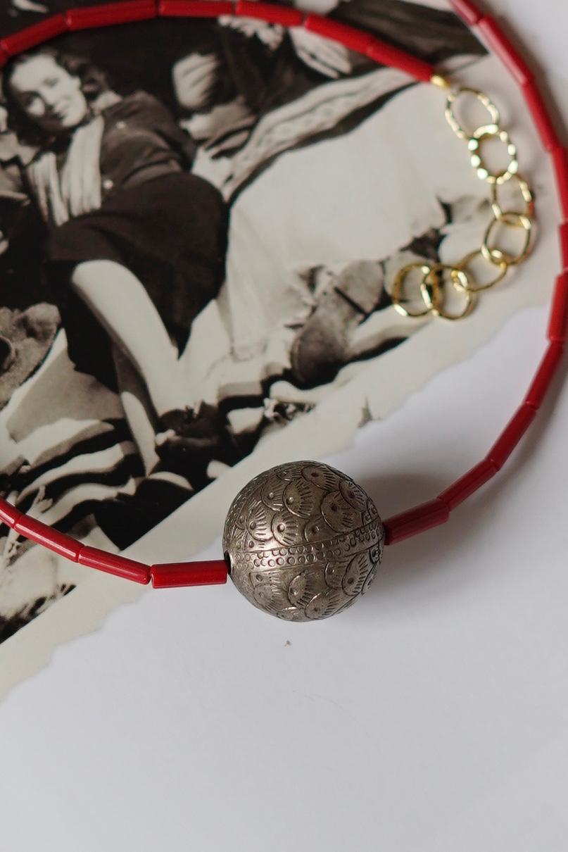 Vintage Etched Fish Bead Necklace on Coral Beads