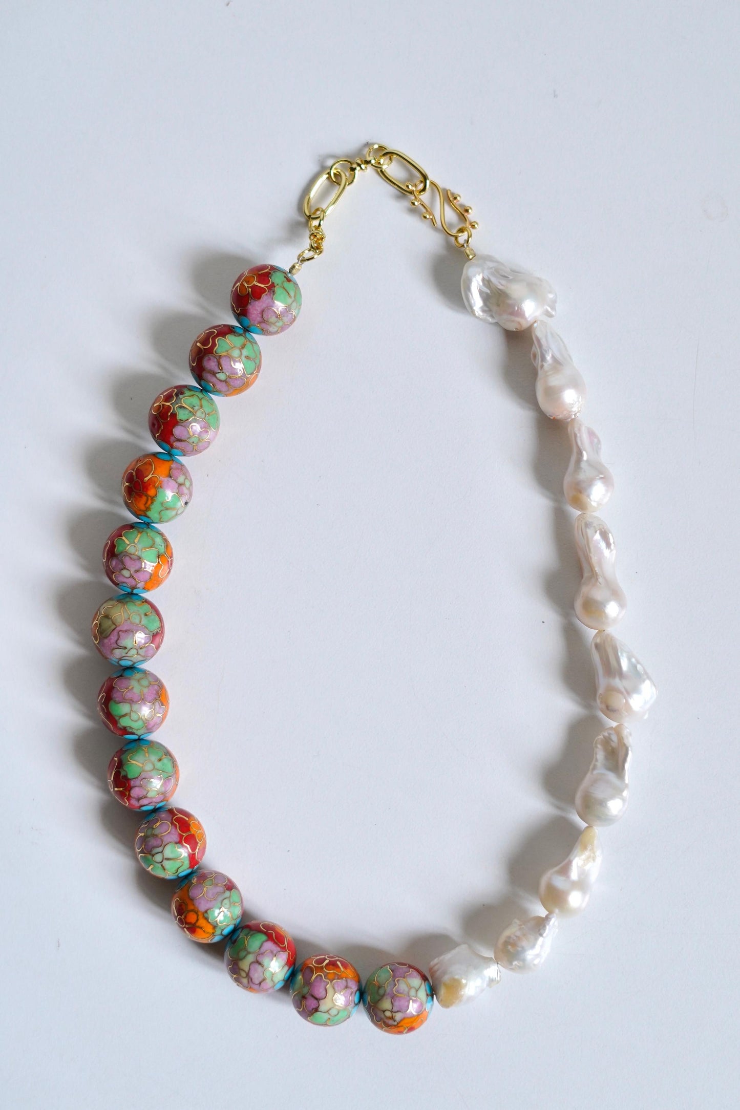 Vintage Cloisonné & Baroque Pearl Statement Necklace 2
