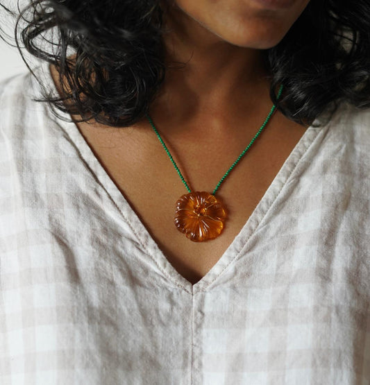 Hand-Carved Natural Stone Flower Pendant on Malachite Chain