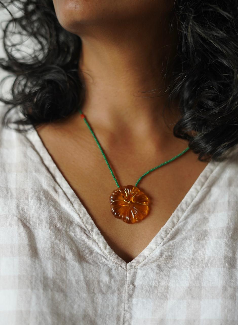 Hand-Carved Natural Stone Flower Pendant on Malachite Chain