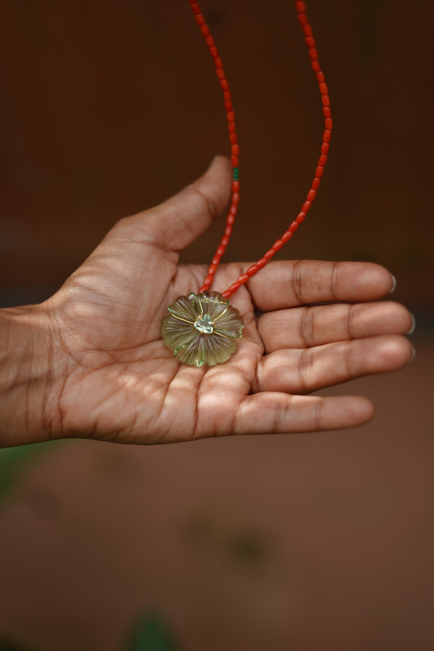 Hand-Carved Natural Stone Flower Pendant on Malachite Chain