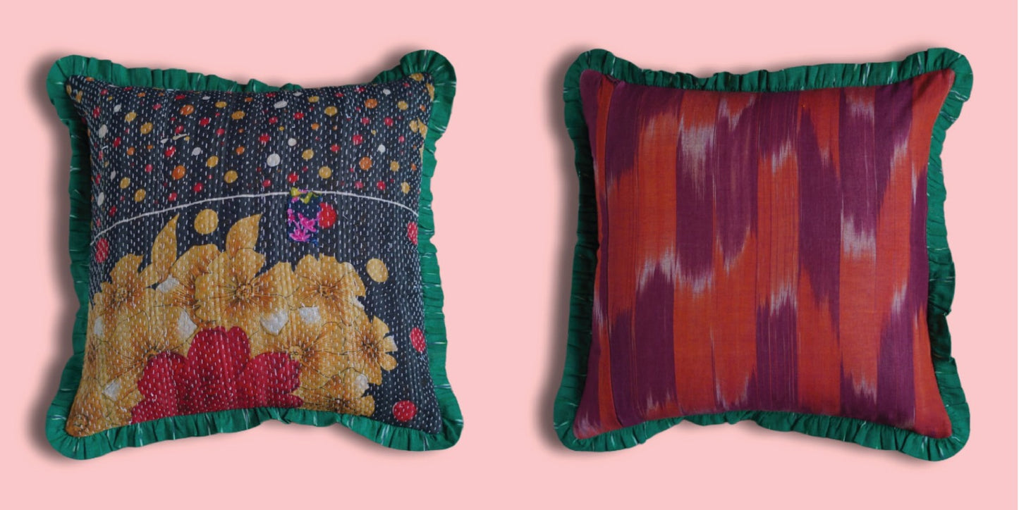 Rosa Vintage Kantha & Ikat Cushion Cover (18x18 inch)