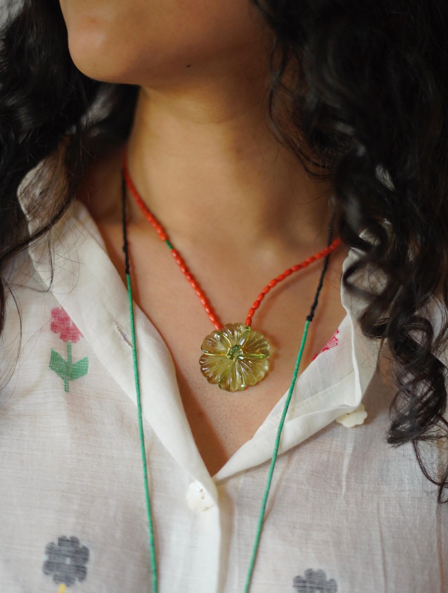 Hand-Carved Natural Stone Flower Pendant on Malachite Chain