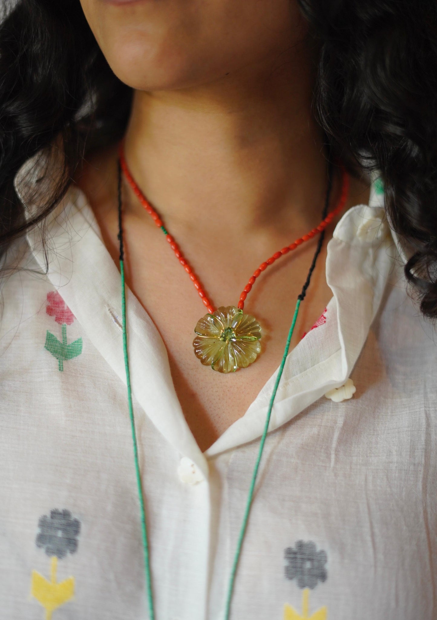 Hand-Carved Natural Stone Flower Pendant on Malachite Chain