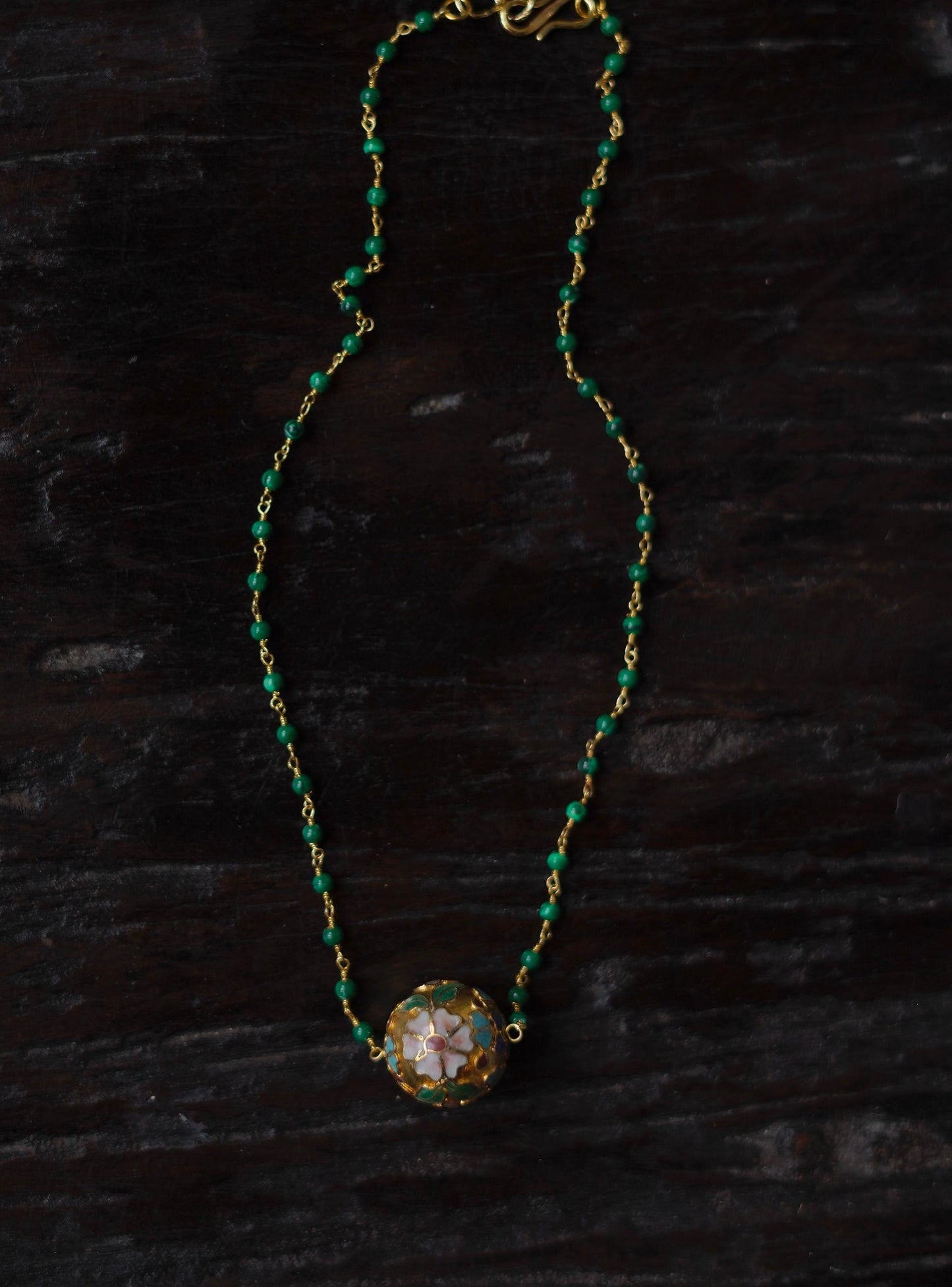 Garden Temple : Vtg Cloisonné Bead & Malachite Chain Necklace