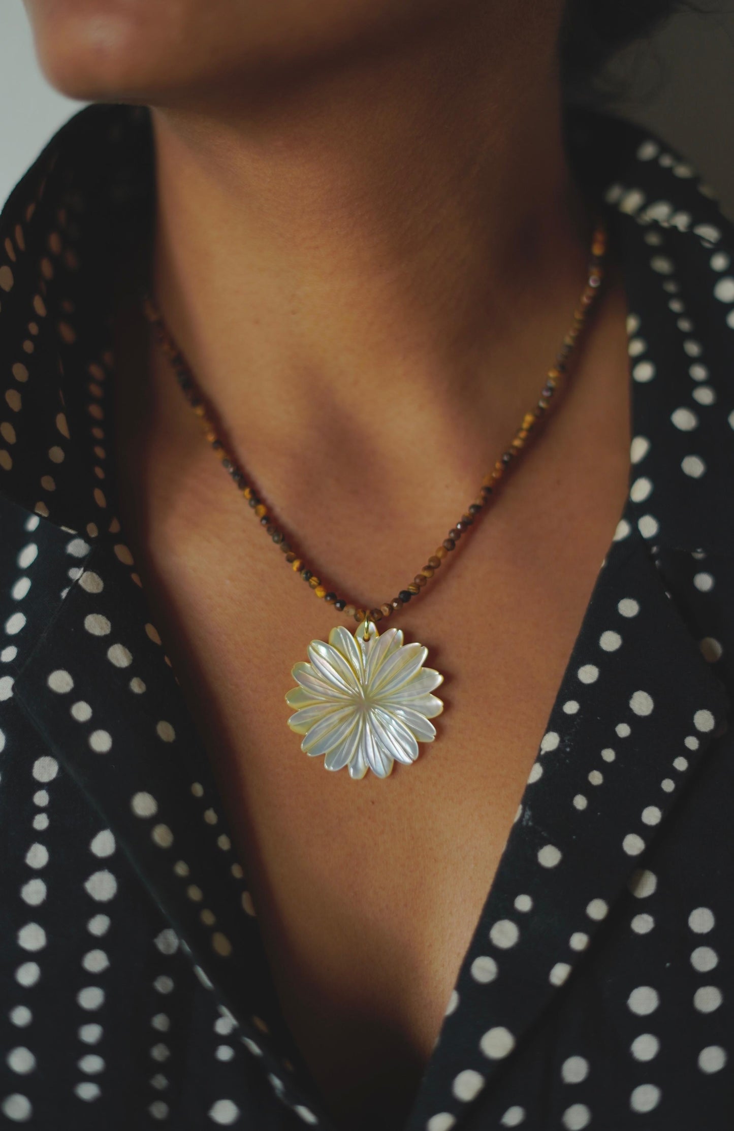 Tigers Eye & Carved Shell Necklace