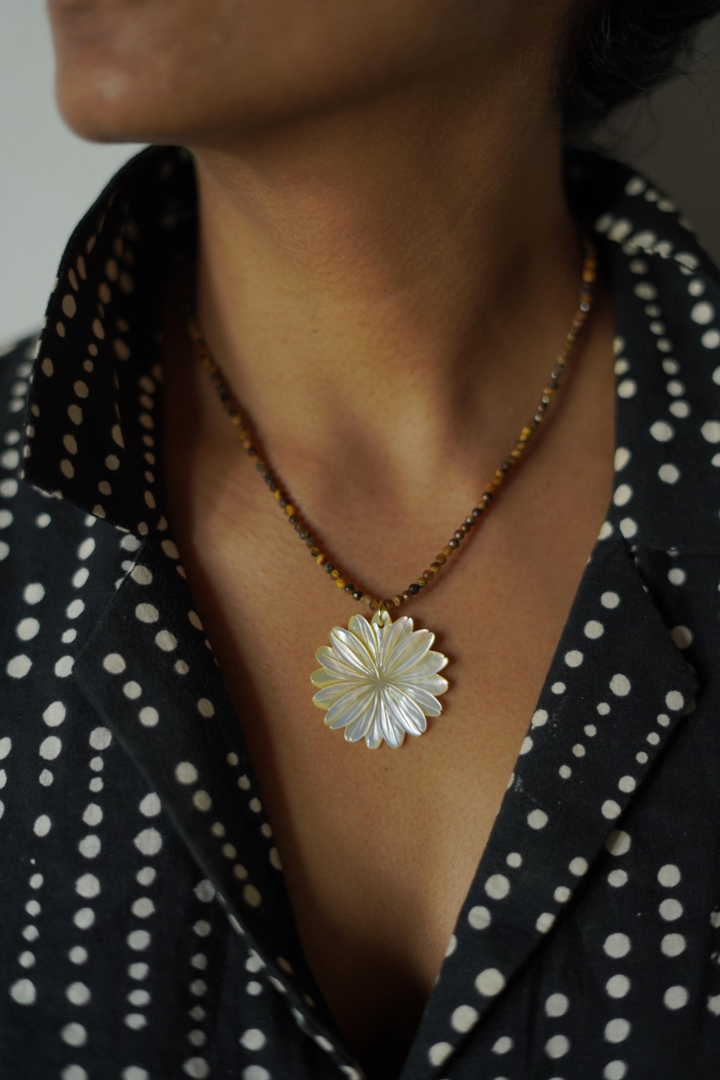Tigers Eye & Carved Shell Necklace