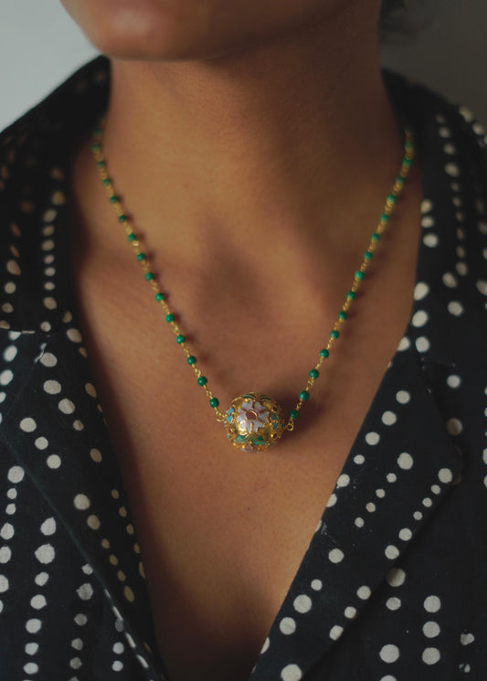 Garden Temple : Vtg Cloisonné Bead & Malachite Chain Necklace