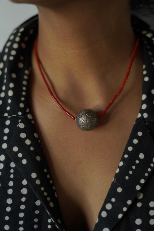 Vintage Etched Fish Bead Necklace on Coral Beads