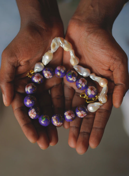 Vintage Cloisonné & Baroque Pearl Statement Necklace 1