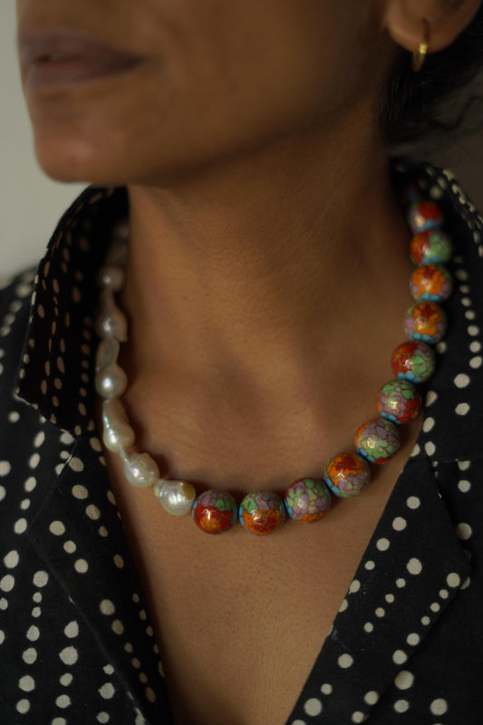Vintage Cloisonné & Baroque Pearl Statement Necklace 2