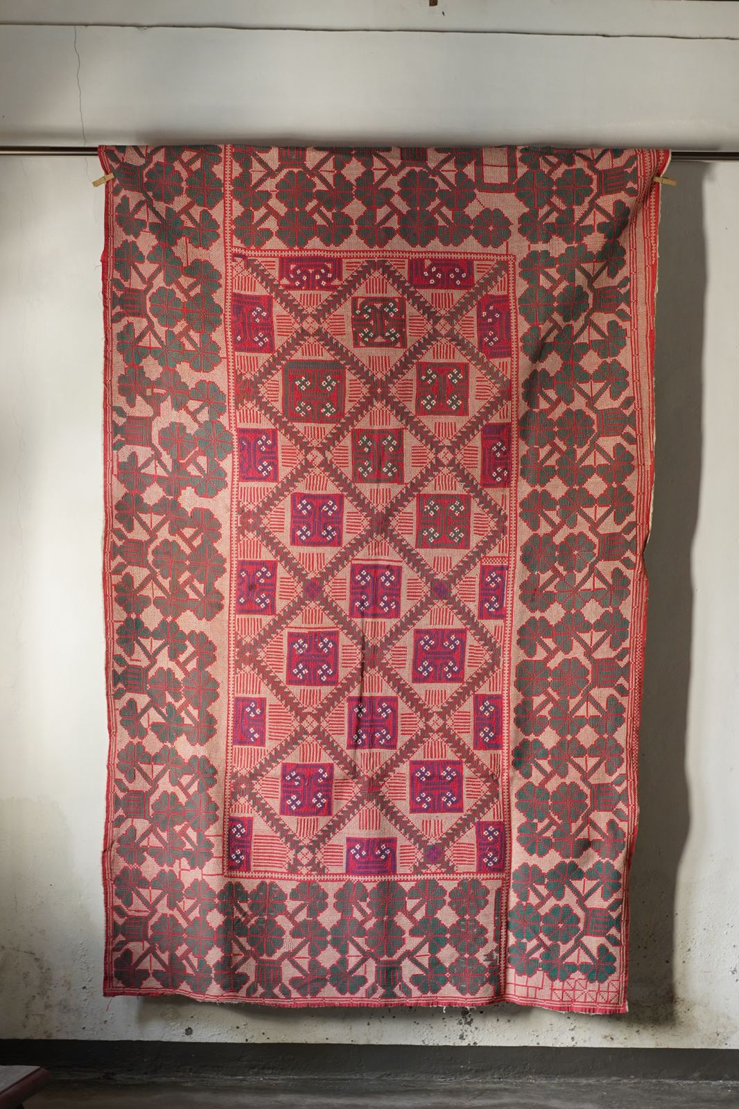 Vintage Cross-Stitch Kantha Textile