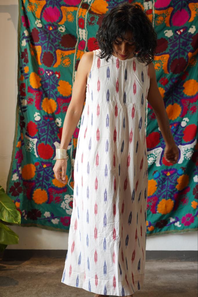 Ikat Cotton Back V Dress