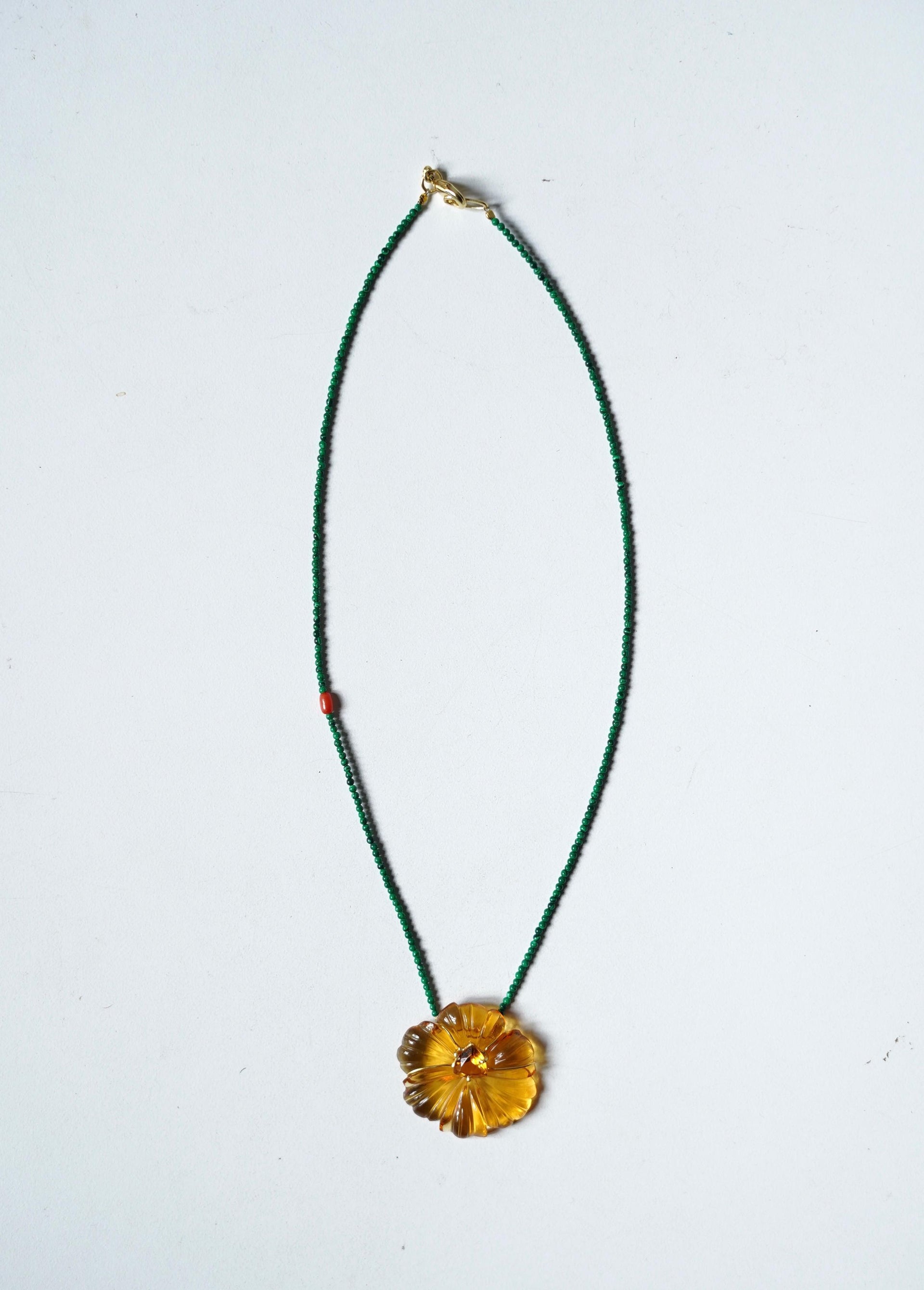 Hand-Carved Natural Stone Flower Pendant on Malachite Chain