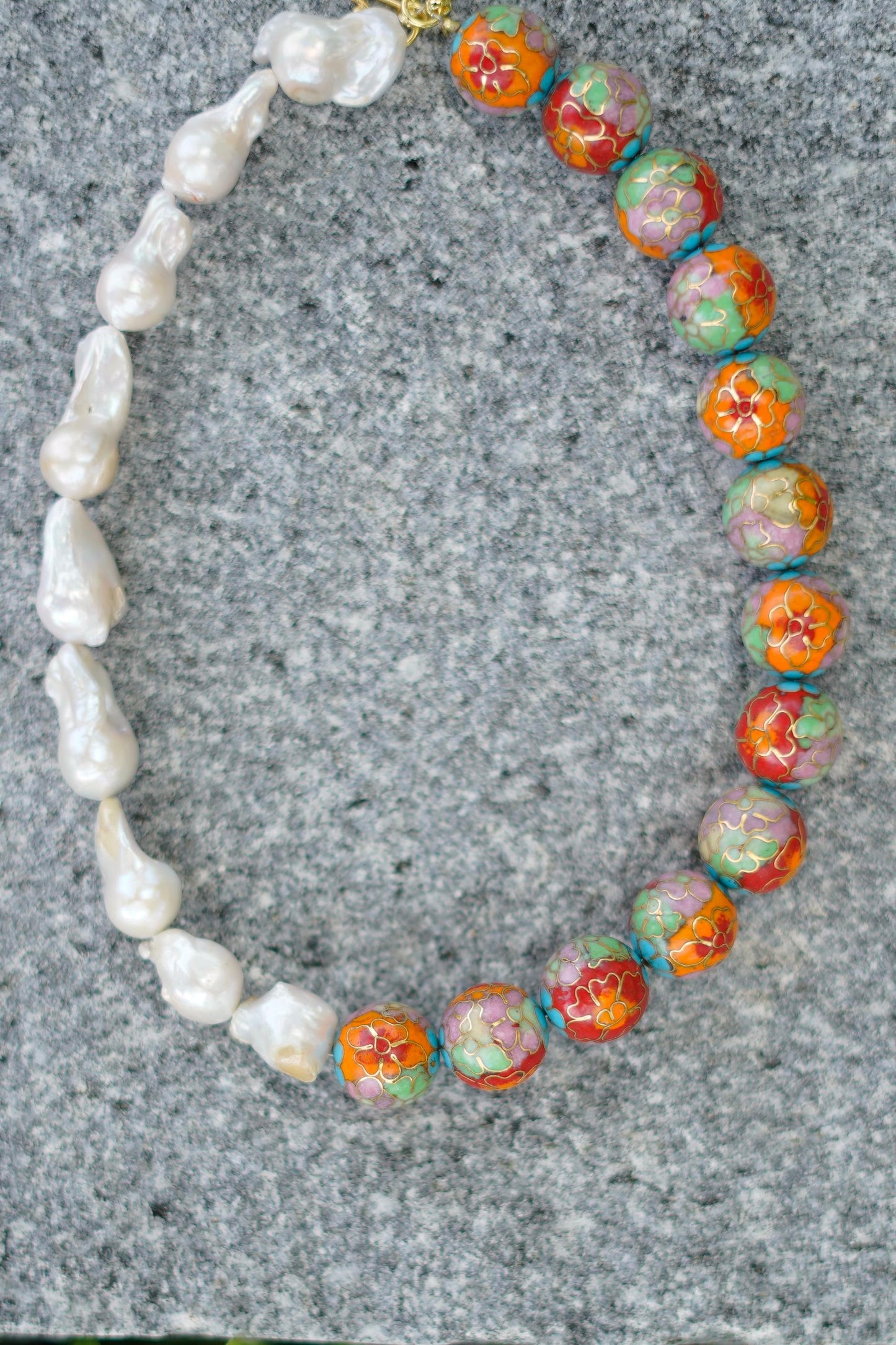 Vintage Cloisonné & Baroque Pearl Statement Necklace 2