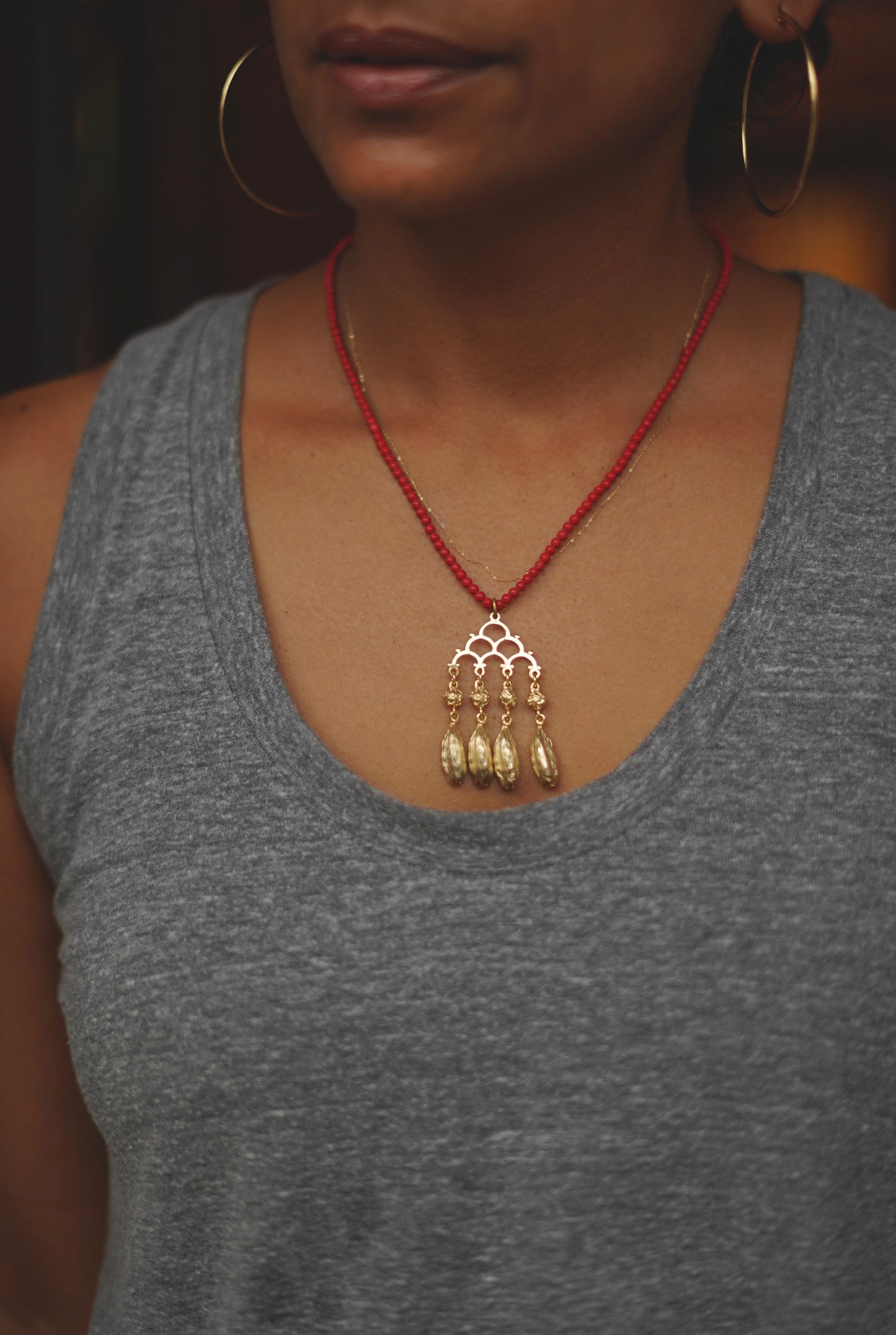 Coral with 4 Cardamom Pendants