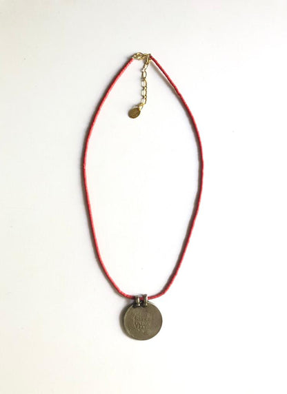 Coral Tube Necklace with Vintage Coin